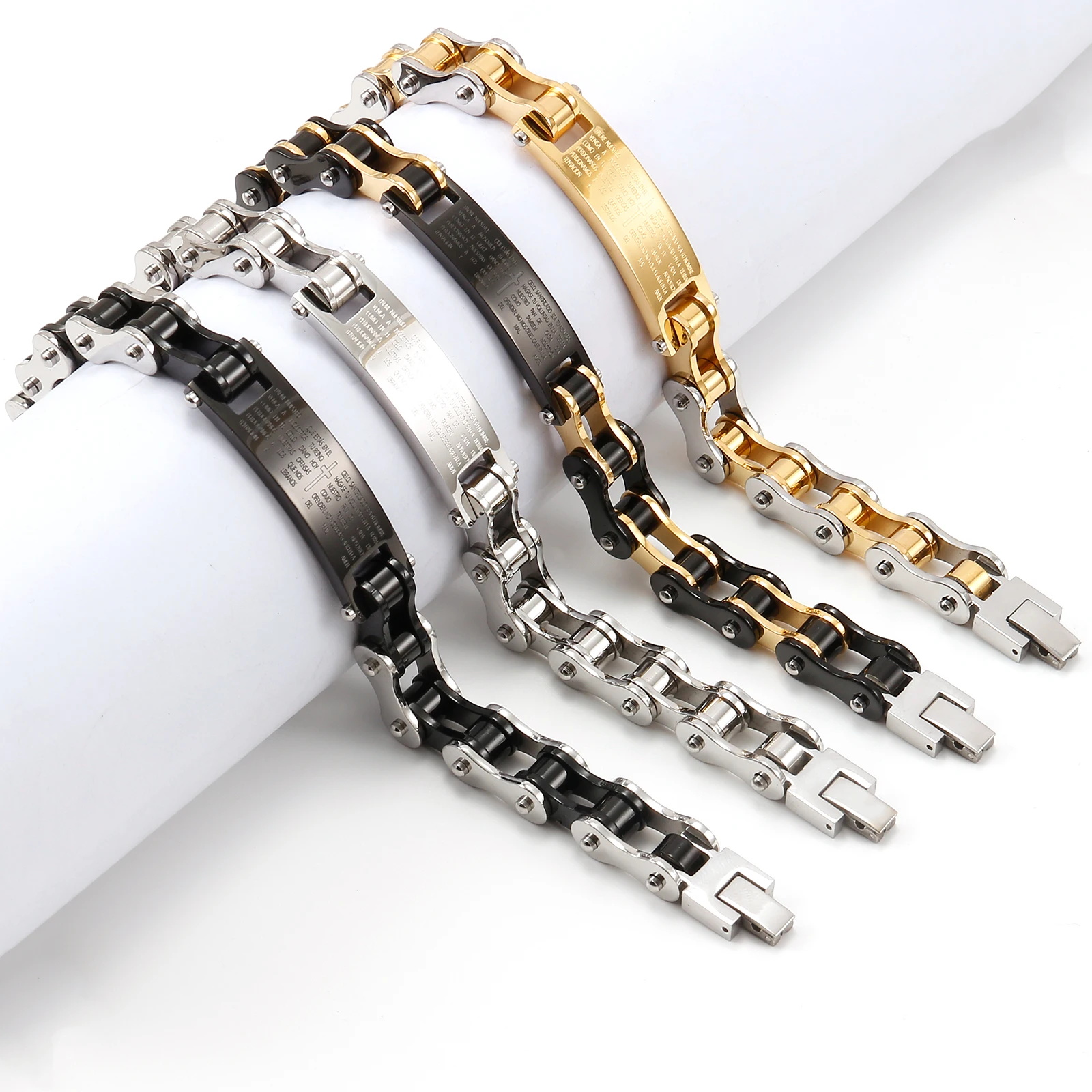 

10mm Cross Bible Nameplate Bike Chain Bracelet for Men Stainless Steel Fashion Jewelry Accessories Gifts Waterproof