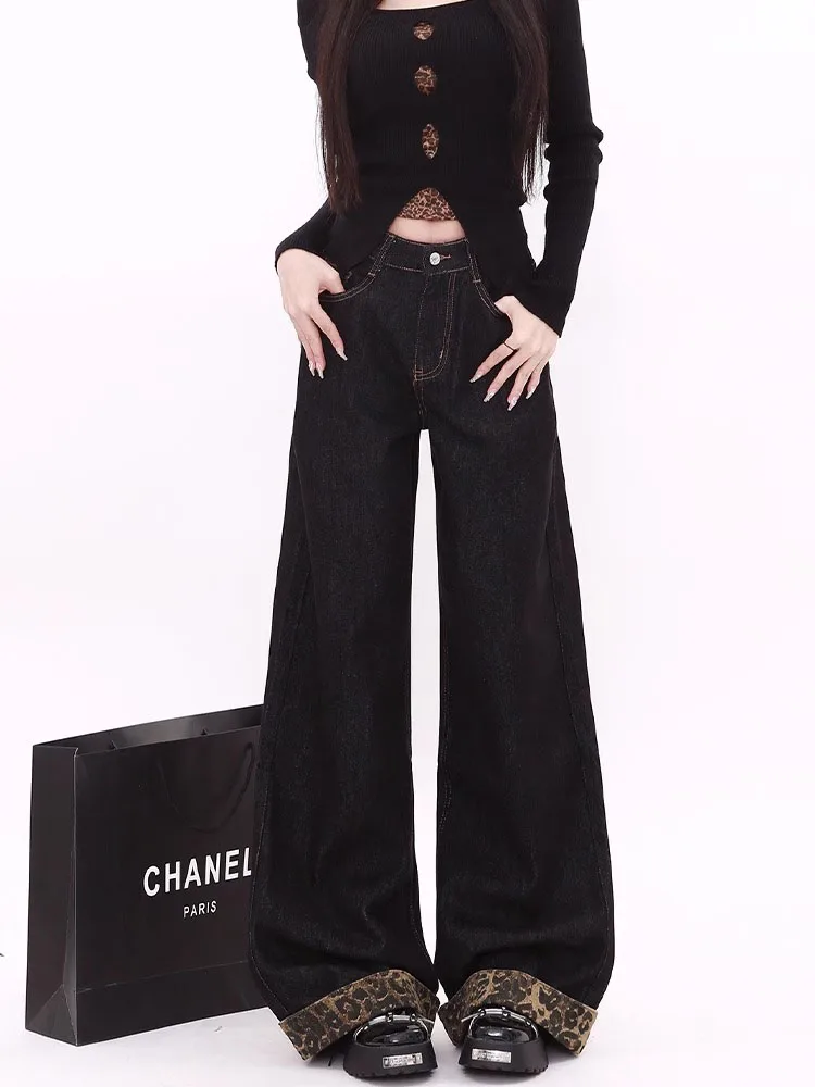 กางเกงยีนส์ขาบานลายเสือดาวสไตล์เรโทร เอวสูง ขายาวสำหรับผู้หญิง ไซส์พลัส ทรงหลวม ตรง ปลายขาด