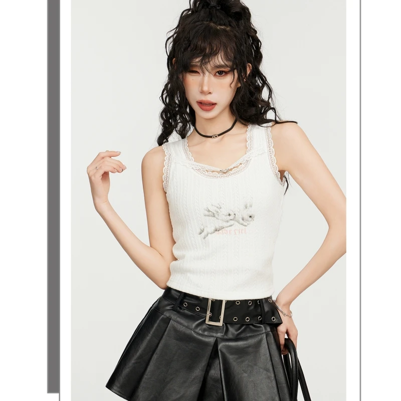 

White Y2K High Street Women's Clothing Solid Suspender Printing Shoulder Straps Top Sleeveless Lace Minimalist Summer Sling Tops