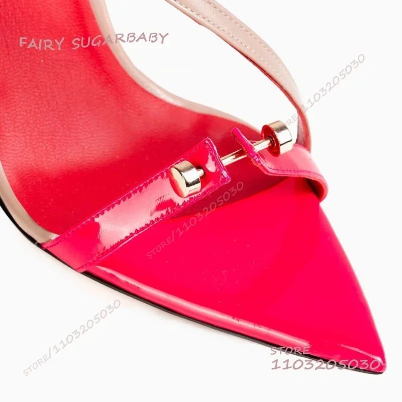 Sepatu Hak Tinggi Wanita Model Slingback Runcing dengan Rivet Logam Merah Aprikot, Sandal Musim Panas untuk Rok, Pesta, dan Santai