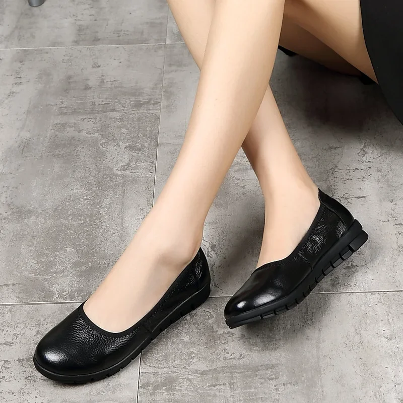 Shoe for Women Soft Leather Black Shoes Flat Shoes Thick Sole Flat Shoes Professional Shoes Work Shoes Women\'s Mother Shoes