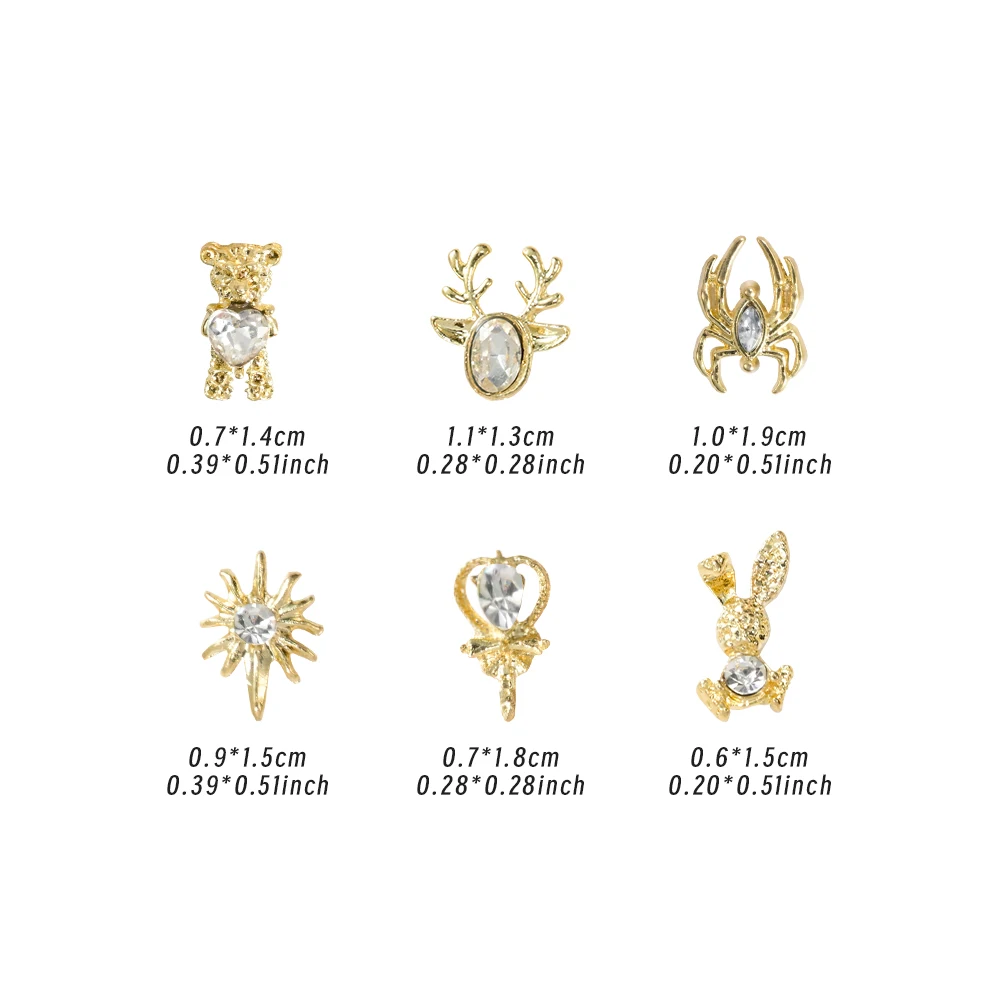 6 Gitter 30 Stück Legierung Gold Elch Spinne Bär Hase Nagel-Diamanten Glänzende Klare Strasssteine Nagel-Charms Sternenlicht Nagelschmuck E3@
