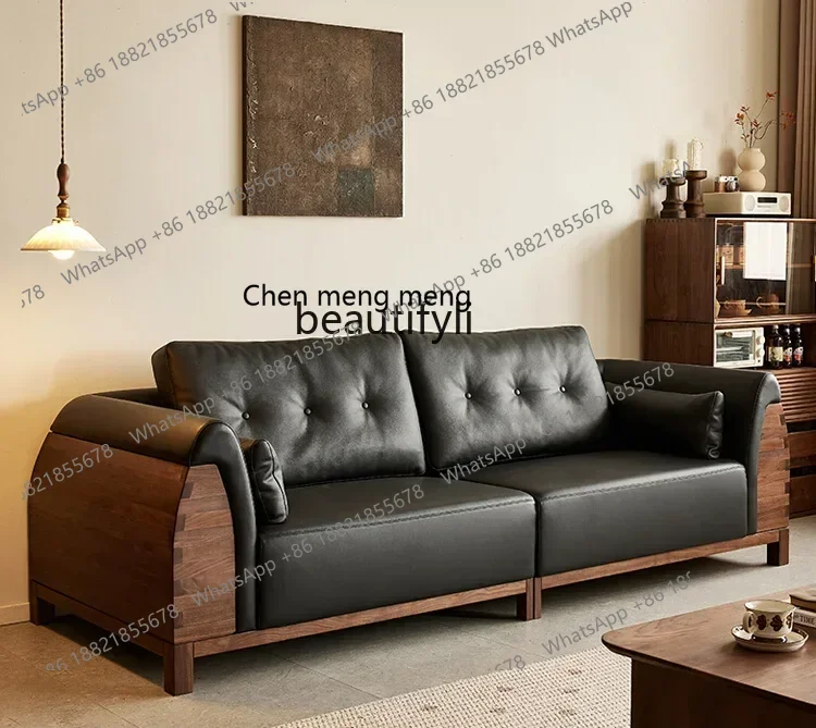 C85 North American Black Walnut Wooden Sofa Nordic Simple Leather Sofa Living Room Home Straight Row All Solid Wood Sofa