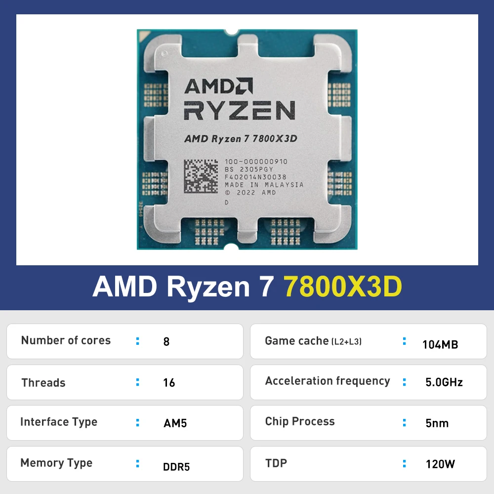 AMD Ryzen 7 7800X3D New R7 7800x3d 8-Core 16-Thread 5.0GHz 5NM DDR5 CPU Integrated Graphics RDNA2 2CU Socket AM5 but no cooler