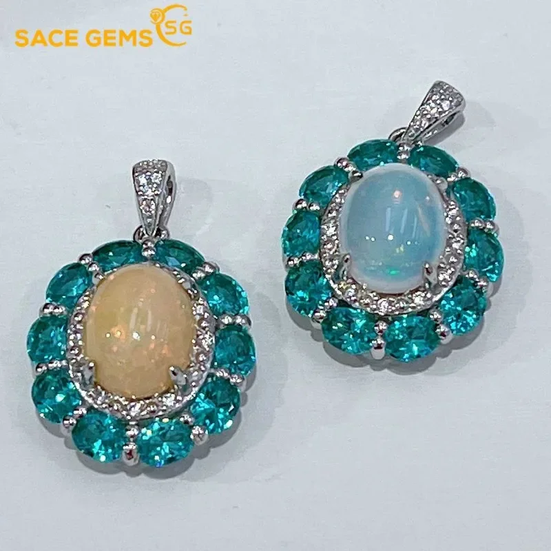 

SACE GEMS New Trend S925 Sterling Silver 8*10MM Natural Opal Pendant Necklaces for Womne Engagement Cocktail Party Fine Jewelry