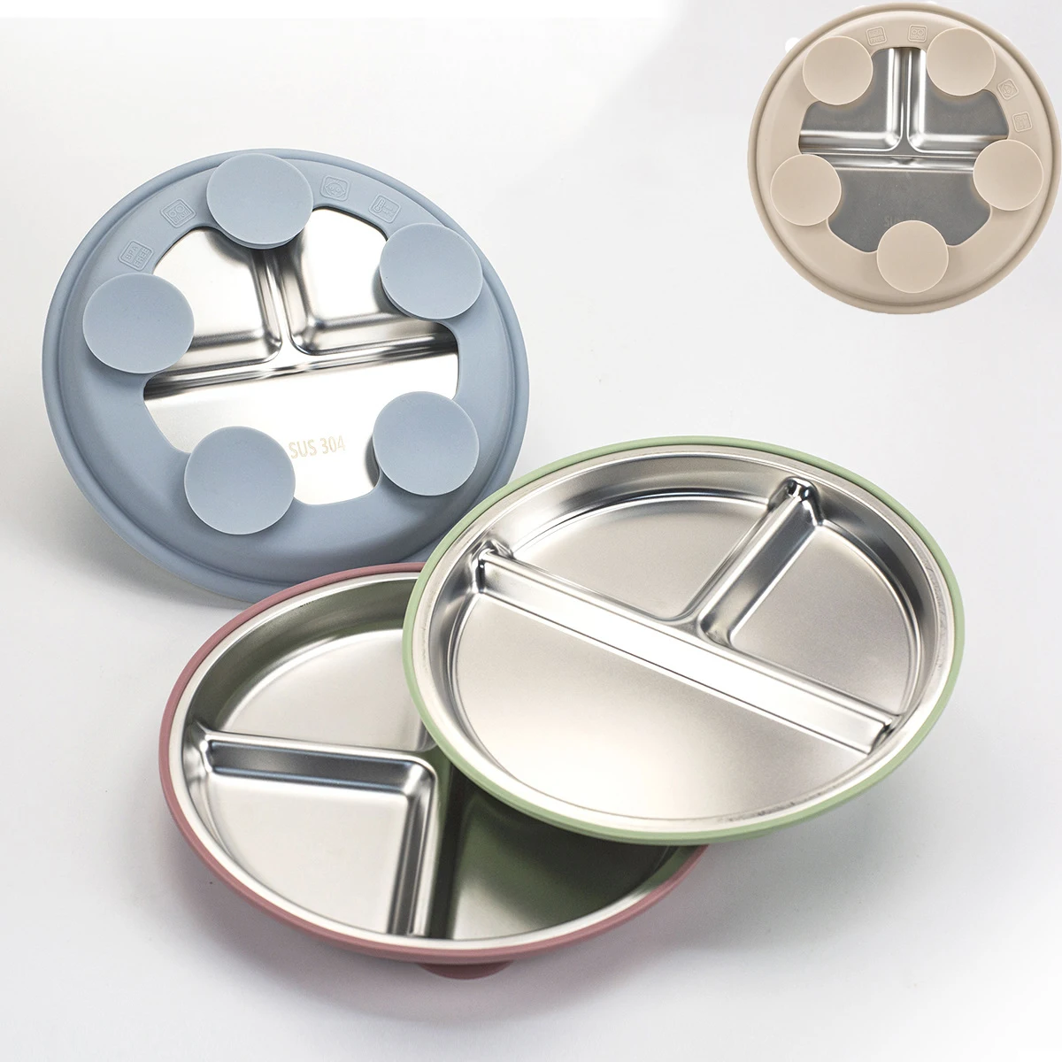 

Non-Slip 304 Stainless Steel Kids Plate Silicone Sleeves with Suction Divided Baby Plates Anti Breakage Removable Toddler Bowls