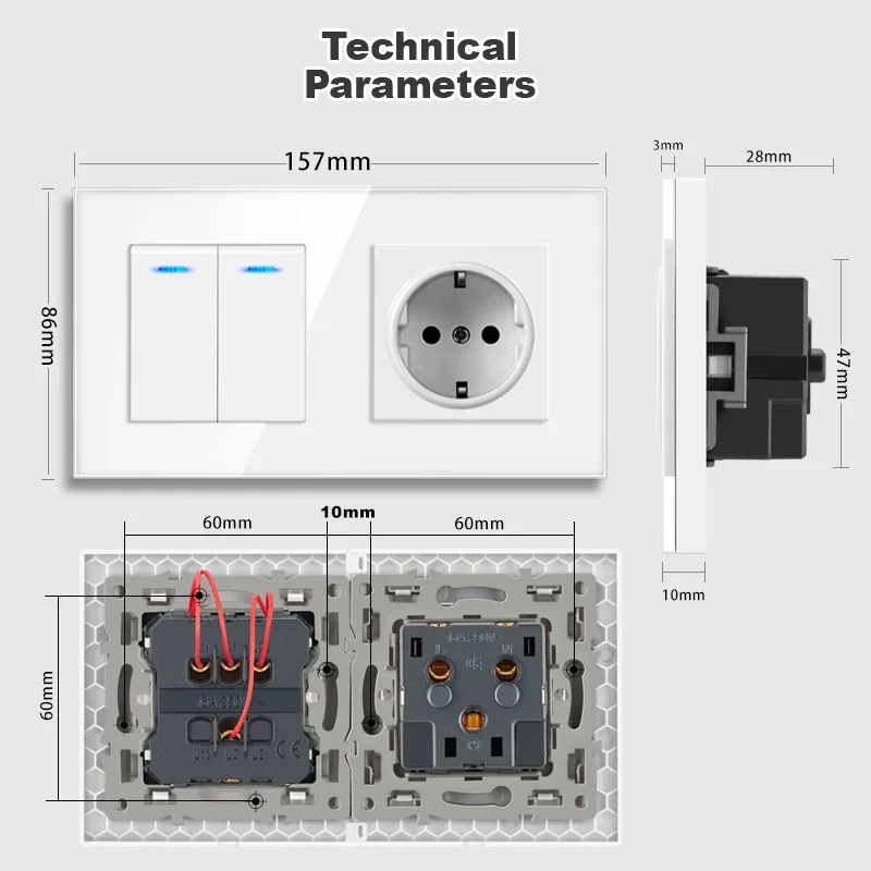 NYWP eu wall socket with rocker switch, 220v 16a socket with usb157*86 crystal glass panel with light switch 2 gang 1/2/ way