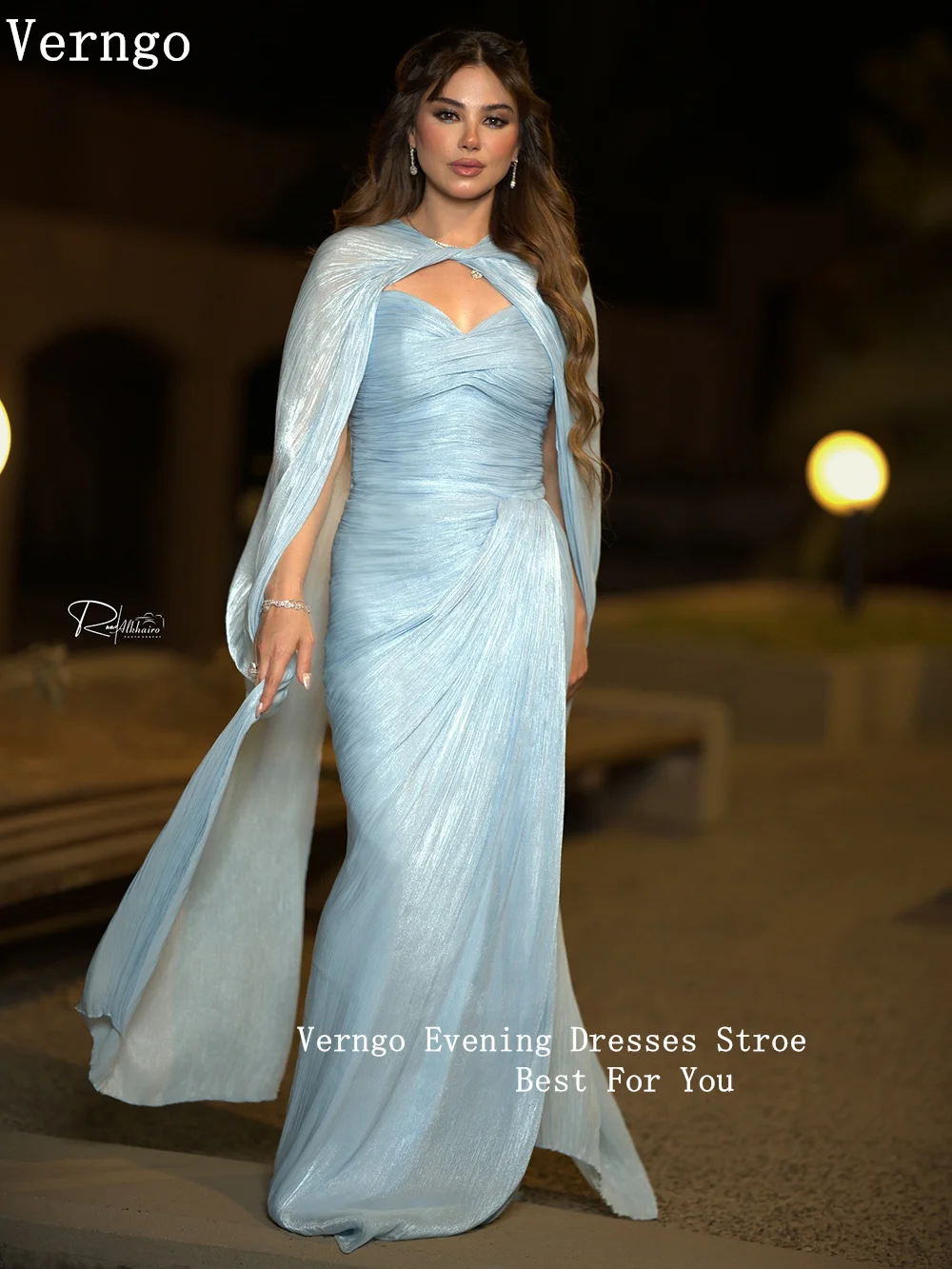 Verngo Light Blue Shiny Chiffon Evening Dress Strapless A Line Split Formal Occasion Dresses Sexy Prom Party Gowns Customized image 4