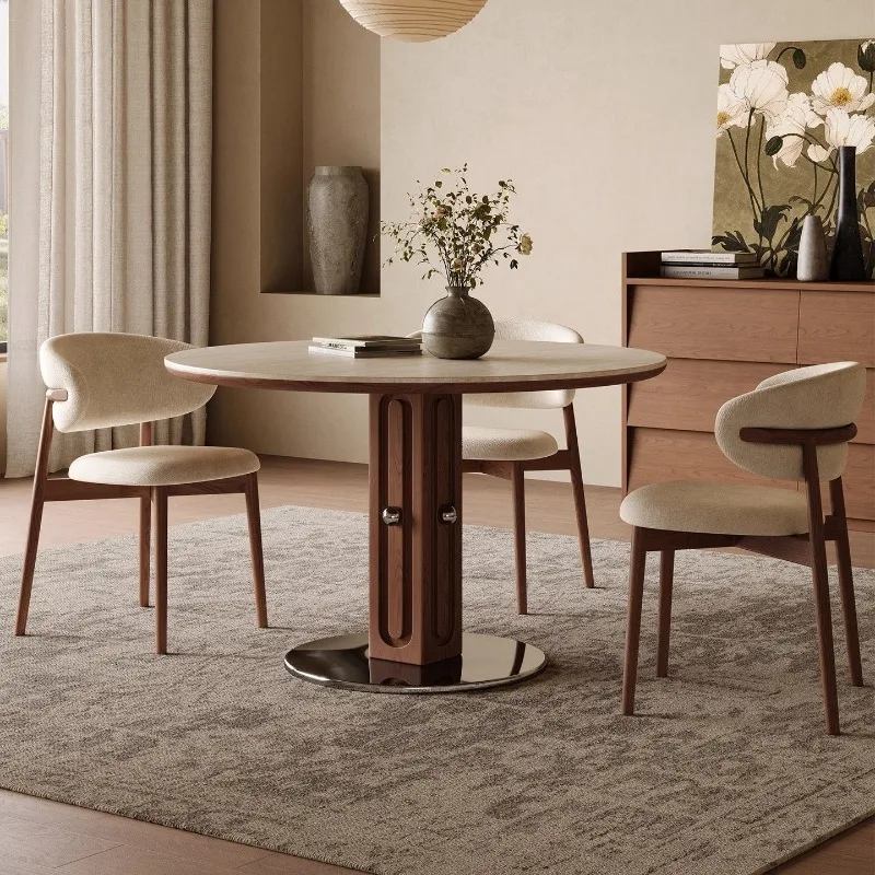 Medieval travertine rock slab round table retro round dining table household small apartment Nordic Bauhaus solid w