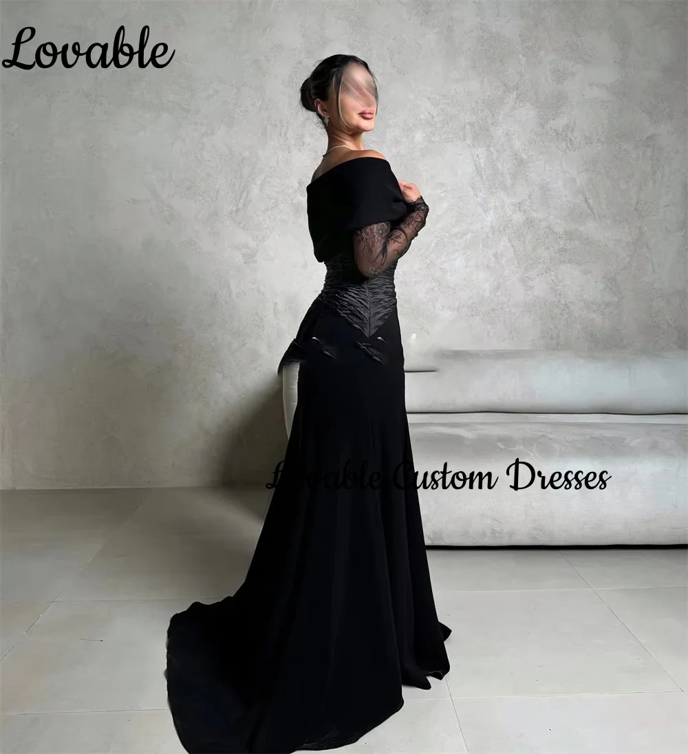 우아한 맞춤형 블랙 럭셔리 이브닝 드레스 A라인 오프숄더 플로어 길이 레이스 공식 행사 드레스 긴 소매