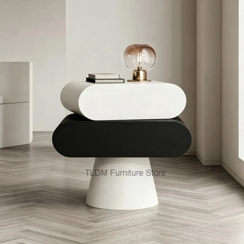 with Two-Tone Modern with Drawers, Stacked Bedside Cabinet Oval Mushroom Nightstand Base, Creative Storage Table for Bedroom