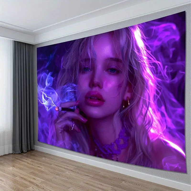 VIKAMA Purple Neon Smoke Cool Spicy Girl Portrait Tapestry, Y2K Wall Art for Bedroom Living Room Fabric Decor