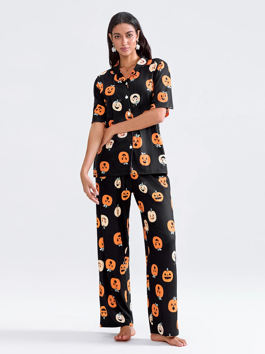 Women Halloween Pumpkin Print Lapel Collar Button Pajama Set Short Sleeve Shirt With Pants Sleepwear Loungewear Homesuits