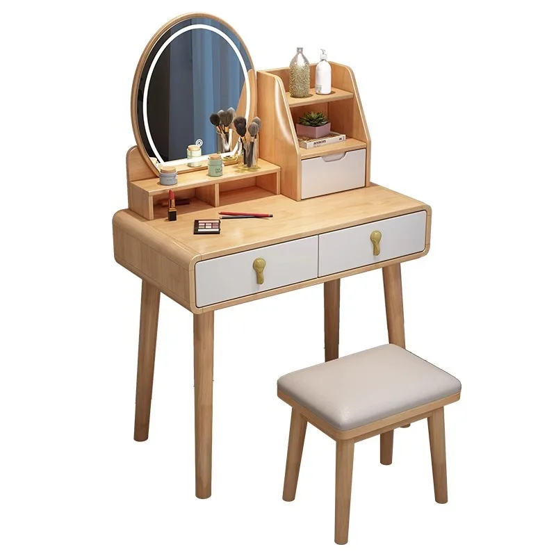 

Solid wood dresser bedroom small apartment multi-functional round mirror with night light storage