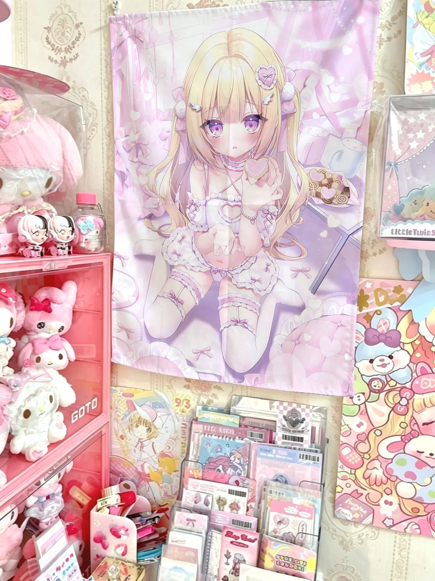 Kawaii Harajuku Aesthetic Anime Cat Girl Wall Tapestry, Sweet Girl Wall Hanging Background Cloth for Bedroom Bedside Dorm Interi