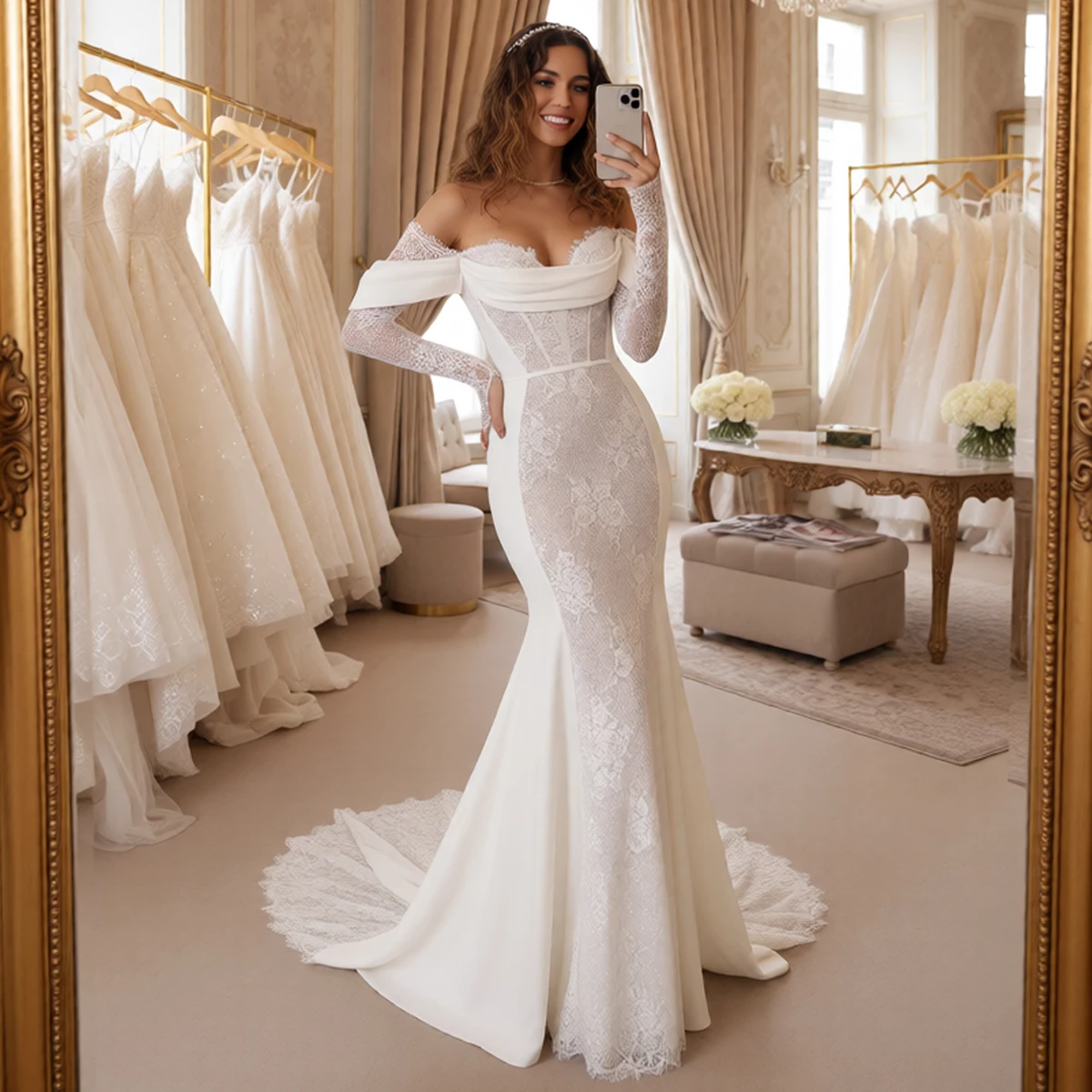 エレガントなシース恋人レースのウェディングドレス女性のための Vestidos ノビア長袖アップリケマーメイドブライダルパーティードレス