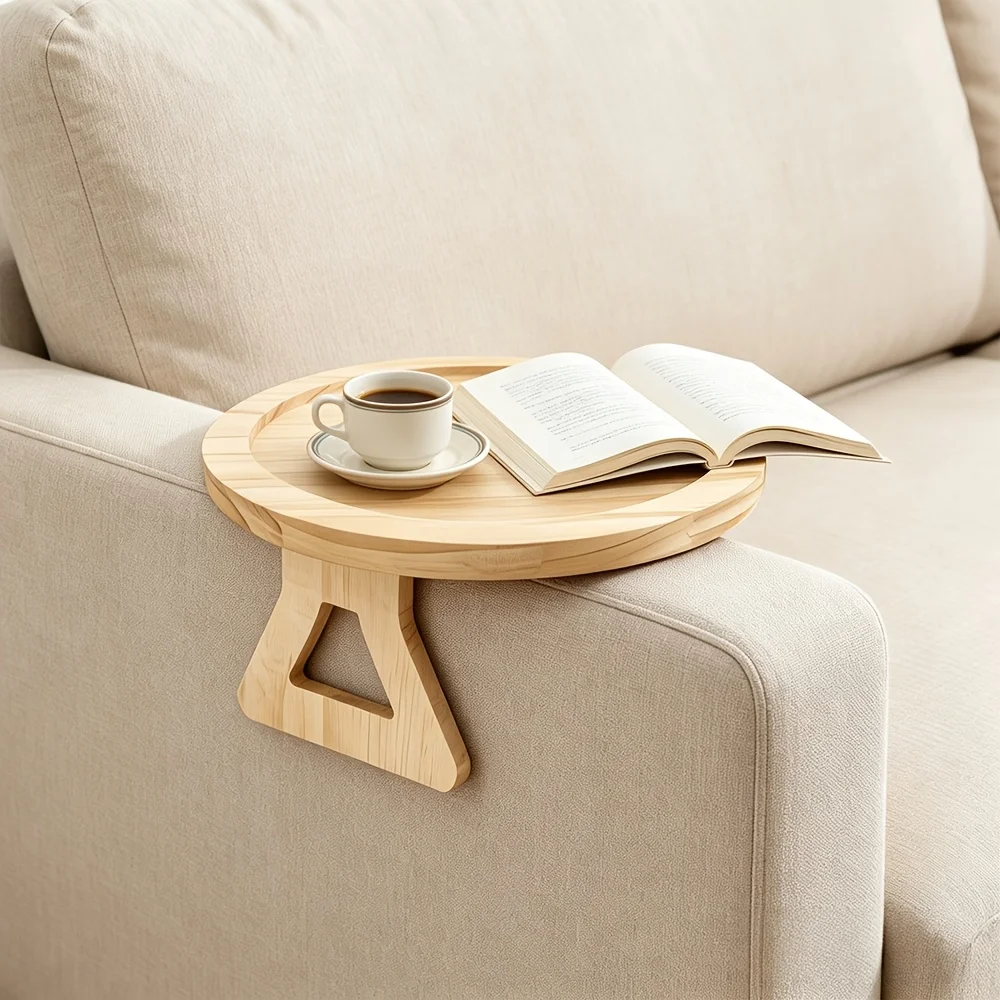 Round Wooden Armrest Tray, Foldable Sofa Arm Tray Table with Cup Holder & Detachable Legs for Couch, Bed & Side Table Use (Non-F