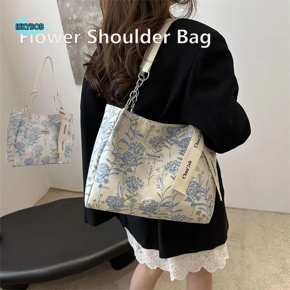 

Printed Embroidery Flower Shoulder Bag Large Capacity Elegant Women's Commuting Bag Canvas Artistic Underarm Bag Shopping