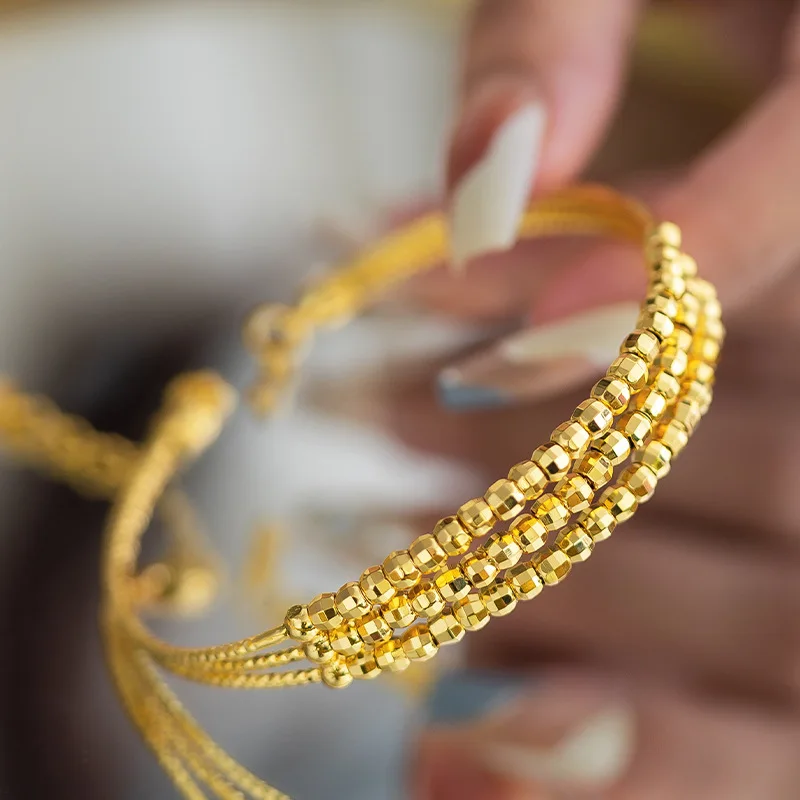 Luxury 24K 9999 Pure Gold real gold Niche High-class Three-circle Didi Ball Bracelet Women's Bracelet