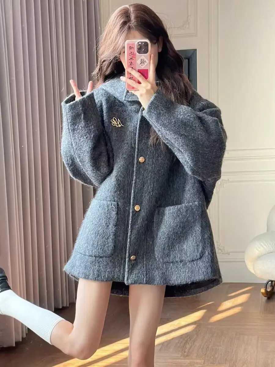 

plus Size Women's Faionable Loose Woolen Coat High Collar Small Fraance Sle Outerwear Trendy Autumn Winter New Arrival