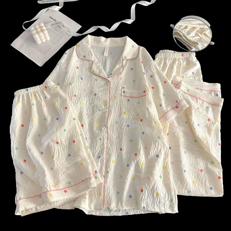 Women Pajama Short Sleeve Shorts Long Pants V-Neck Summer Girl Student Short Sleeve Pajamas Set Sleepwear Three-Piece Homewear