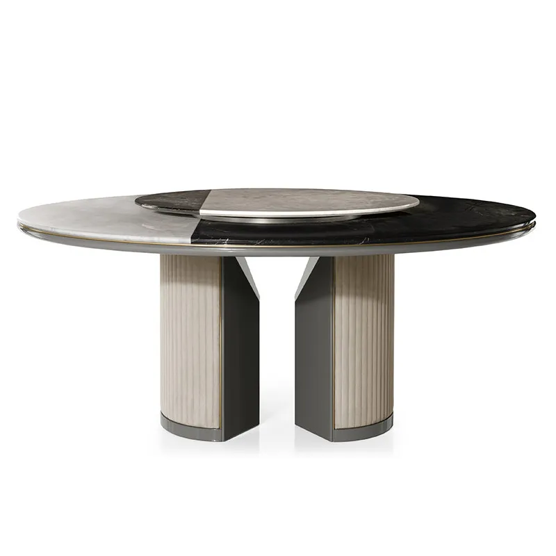 *Double Layer Top Rotate - Luxury Round Marble Dining Room Table Italian Style Luxury Leather Marble Stone with Turntable
