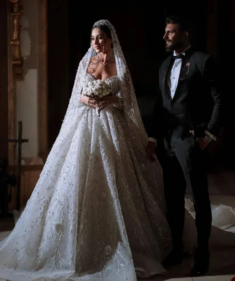 Customized  Sweetheart Heavy Pearls Beads A-Line Wedding Dress Sweep Train Full Sleeves Luxury Vestido De Casamento Bridal Gown