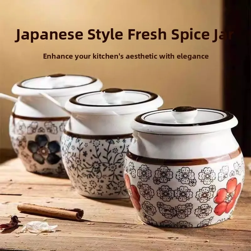 

Роскошная керамическая банка для приправ с крышкой и ложкой для домашнего использования, контейнер для хранения острого перца и свиного жира, термостойкий.