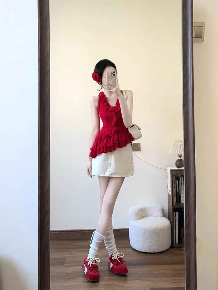 

Red High Waist Skirt Set Svel Neline Design Summer Faion Two-Piece Women's Ensemble High Street Sle