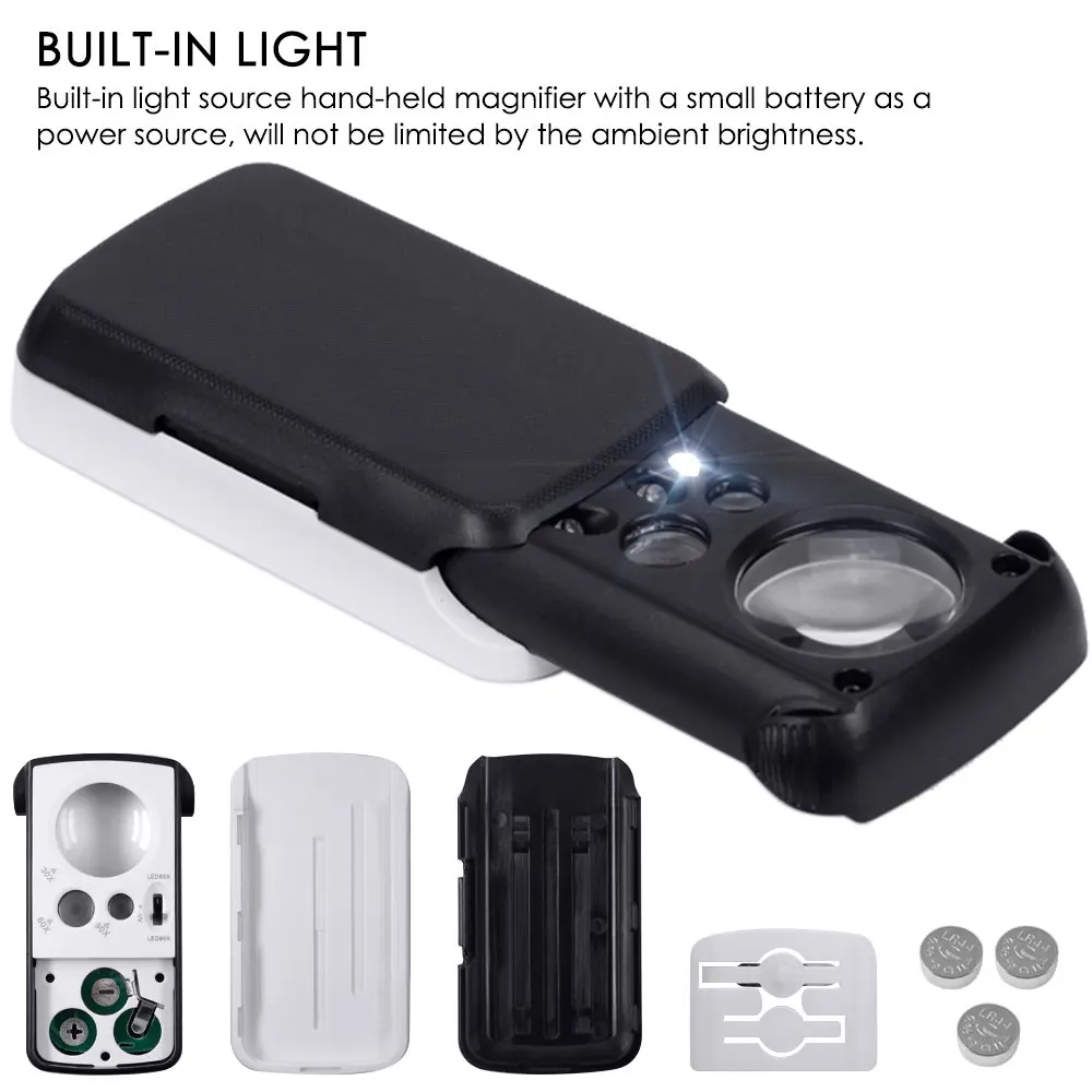 Lupa de jóias de bolso com luz LED UV, Lente Óptica, Lupa para Moedas e Selos de Diamantes, 30X, 60X, 90X