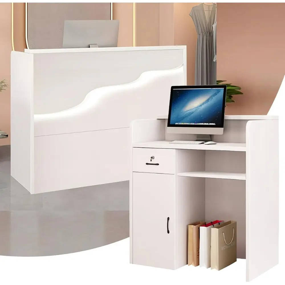 

Compact Reception Desk with Storage for Small Spaces, White Finish Ideal for Boutiques and Hotels