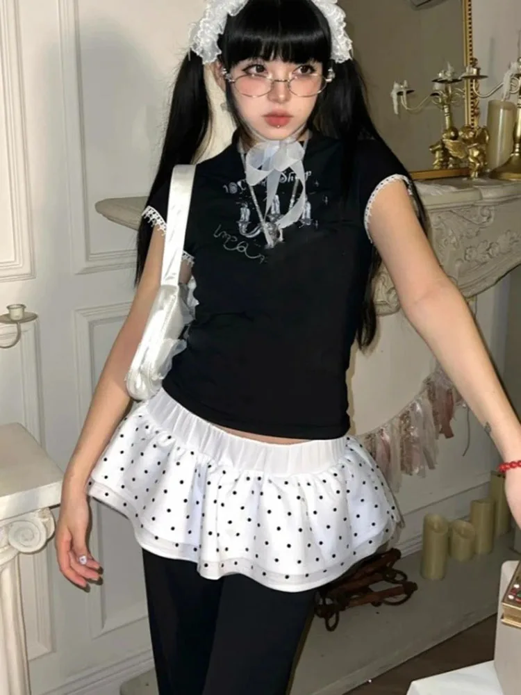 Y2k Aesthetic Polka Dot Women Skirts Harajuku High Waist Ruffled Streetwear Mini Skirt Spring Fairy Sweet Vintage Cake Faldas