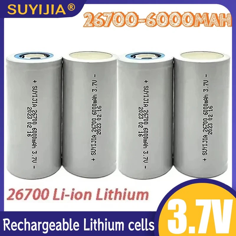 3.7V 6000mAh 26700 Power Battery Lithium Rechargeable Batteries for Electric Scooters Vehicle Tricycle Energy Storage Flashlight