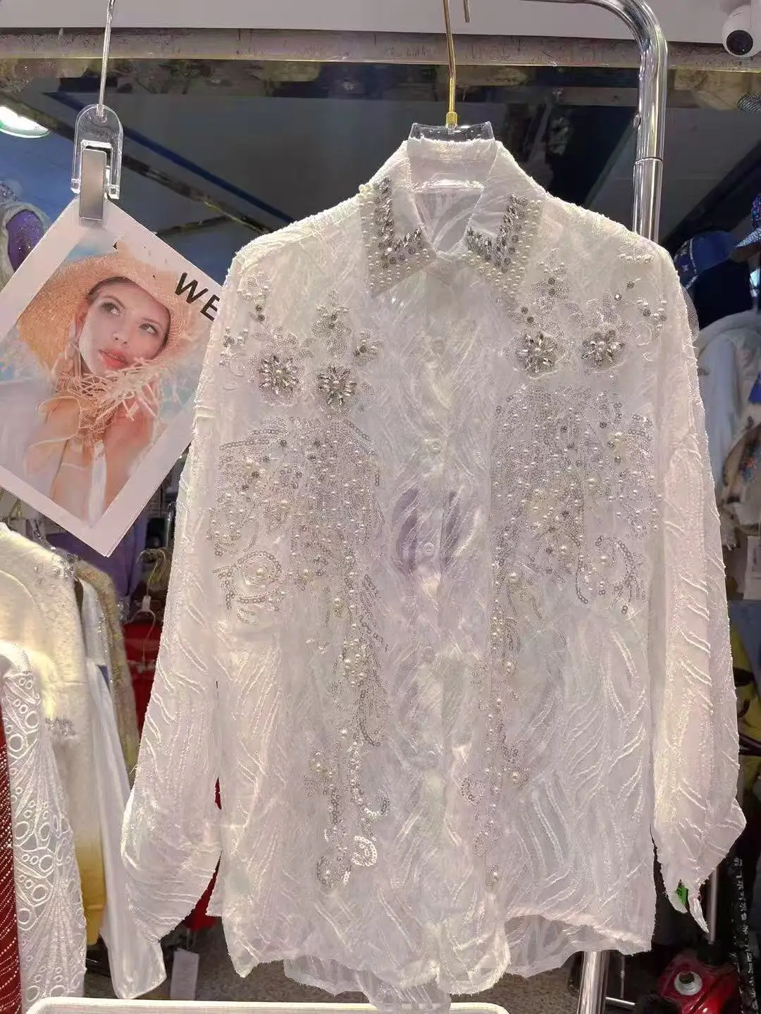 Luxe 2023 Lente Zomer Sparkle Geborduurde Flares Oversize Blouses Shirts Vrouwen Lange Mouw Zonnebrandcrème Tops Vrouw Kleding