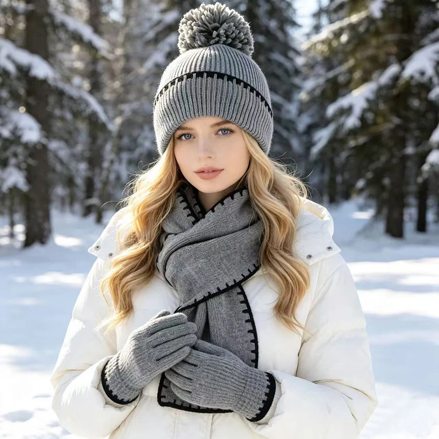 3pcs Knited Neck Scarf Gloves Cap for Women Winter Thicken Warm Beanies Hat Outdoor Ear ProtectionColdproof  Skiing Skull cap