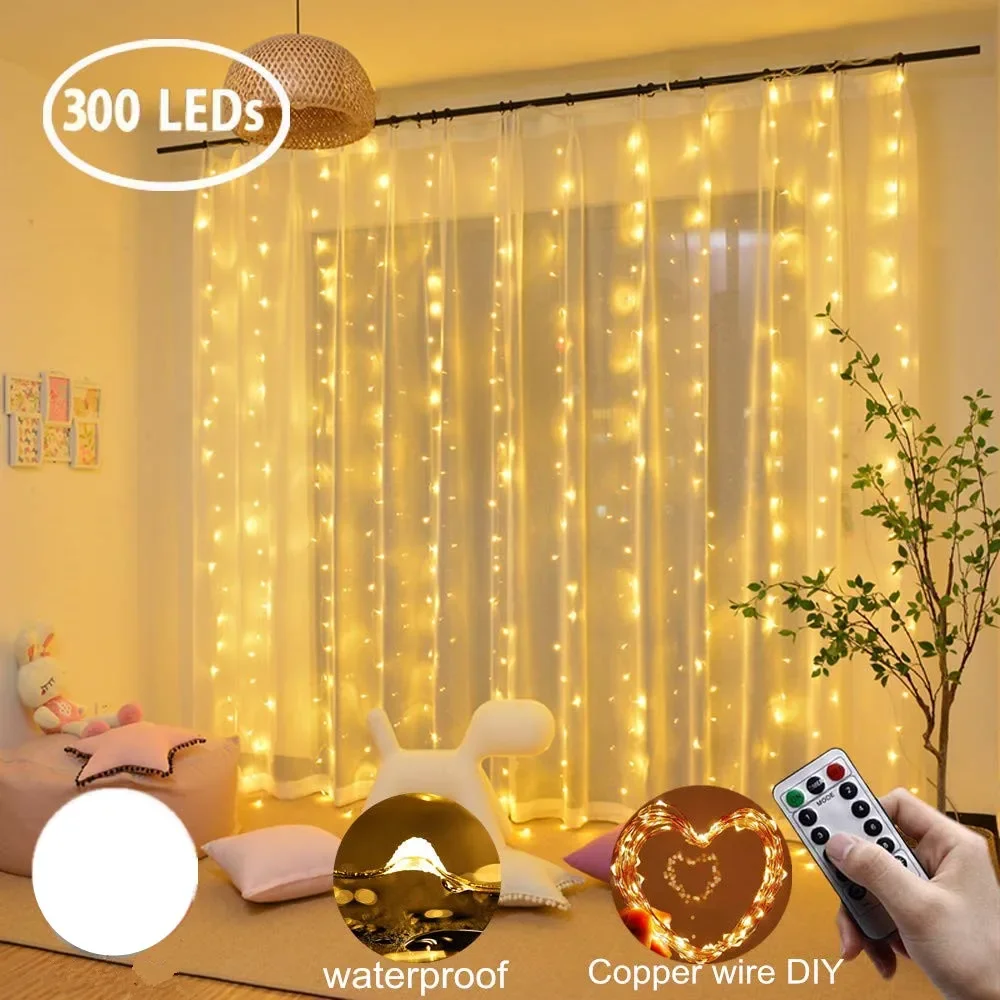 

Curtain LED 3x3m 300led string light USB fairy icicle copper wire remote control Christmas wedding garden window outside