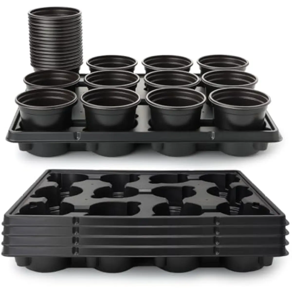 4 inch Plastic Nursery Pots 60 pcs Plus 5 Heavy Duty seedling Trays with 12 Cells Each Black Drainage Optimized for Root Aeration