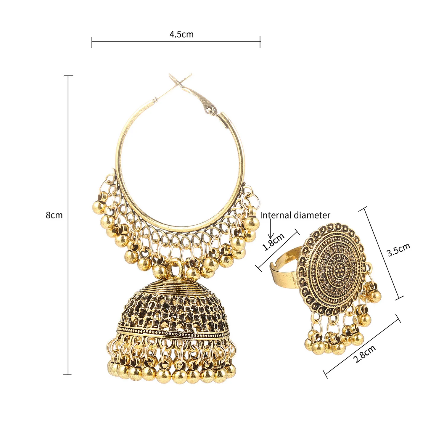 Ethnic Big Round Bells Tassel Earring Ring Set for Women Vintage Gold Plated Jewelry Sets Wedding Party Jewelry Accessories