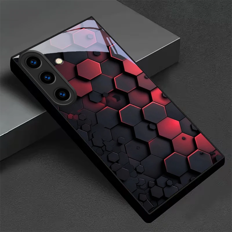 Honeycomb Geometry Black Glass Phone Case For For Samsung Galaxy S26 S25 S20 Ultra S 25 Edge S24 FE S23 S22 S21 Plus S26+ Cover