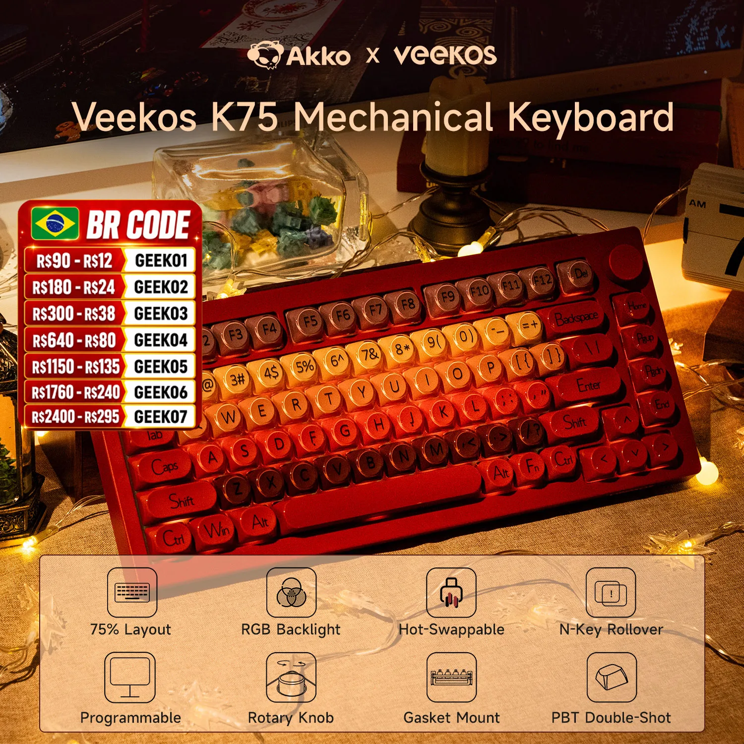 AKKO 5075 X Veekos K75 clavier mécanique de jeu 75% rvb 3/5 broches clavier personnalisé filaire d'échange à chaud avec joint de bouton