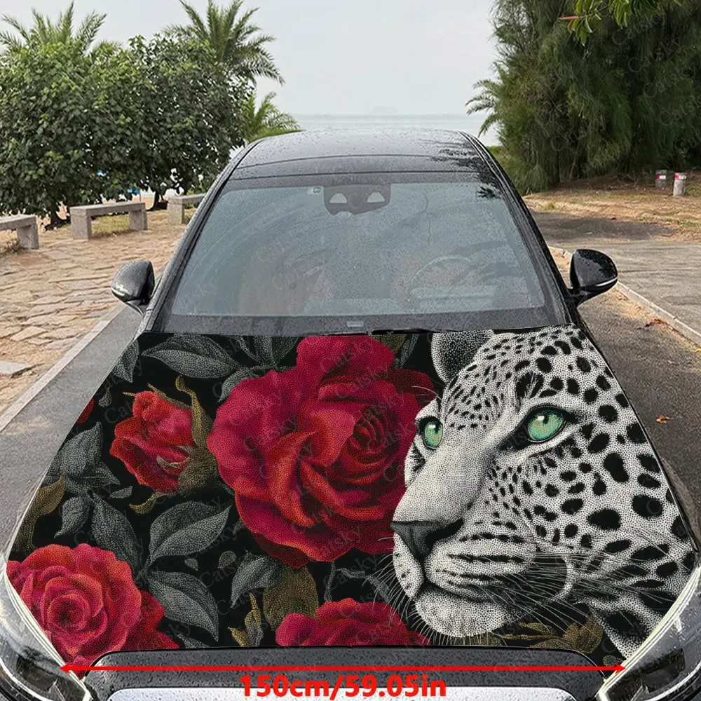 Car Decal Leopard with Rose Artistic Fusion in Split-Design, Creating a Striking and Exotic Visual Car Hood Sticker, Waterproof