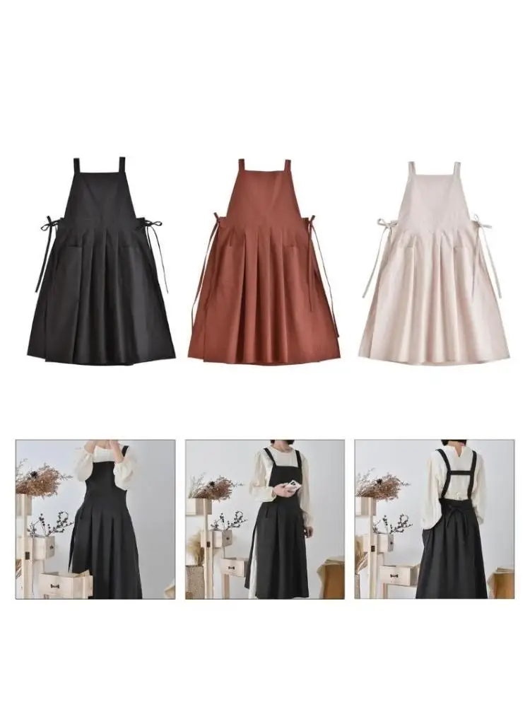 E8BD Cotton Linen Kitchen Cooking Apron for Women Girls Vintage Pinafore Apron Dress with Pockets Mother Gifts