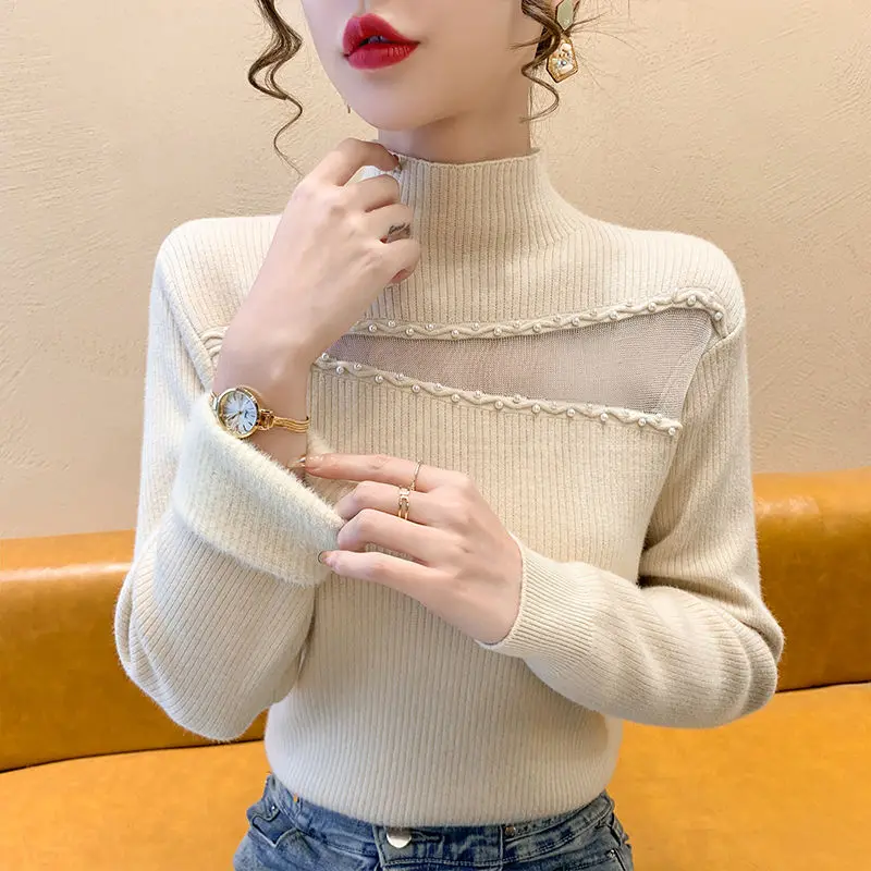 Jesień Zima Damska 2024 Nowy Spliced Half High Collar Gauze Hollow Out Fashion Solid Color Slim Casual Long Sleeve Knitted Top