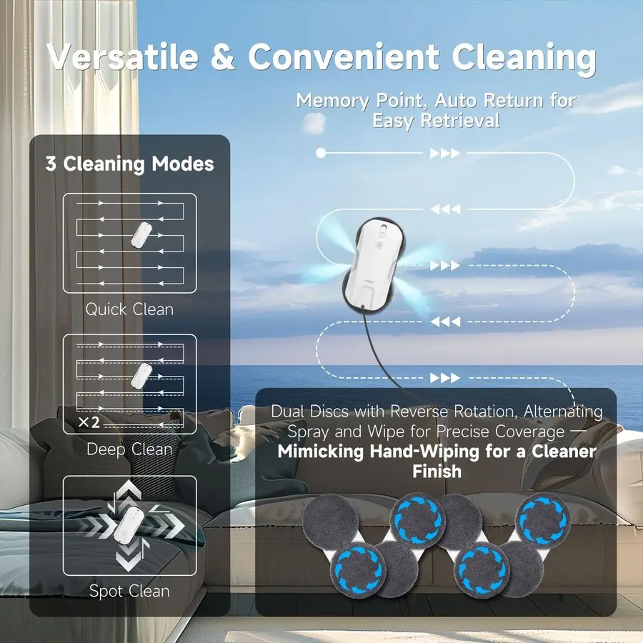 روبوت تنظيف النوافذ T11، رذاذ الماء التلقائي 4 اتجاهات، شفط قوي 5300 باسكال، تنظيف عالي السرعة، lt60dB UltraQuiet، نافذة رفيعة 60 مم #5