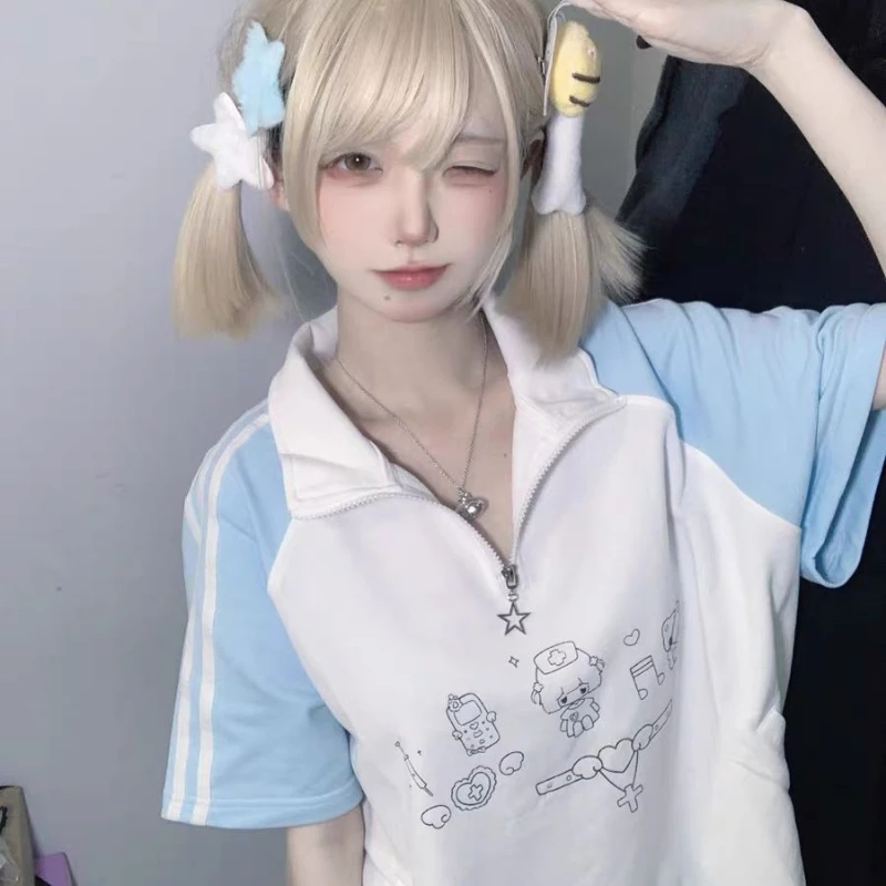 

Japanese Preppy Style Cartoon Print T Shirt Women Summer Patchwork Grunge Tops Harajuku Stand Neck Zipper Loose Tops