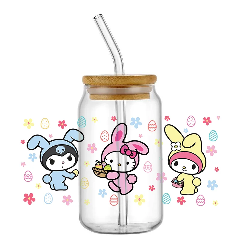 Miniso Kitty pegatina de transferencia UV DTF de dibujos animados, calcomanías personalizadas resistentes a altas temperaturas, bricolaje, tazas de vidrio de 16Oz