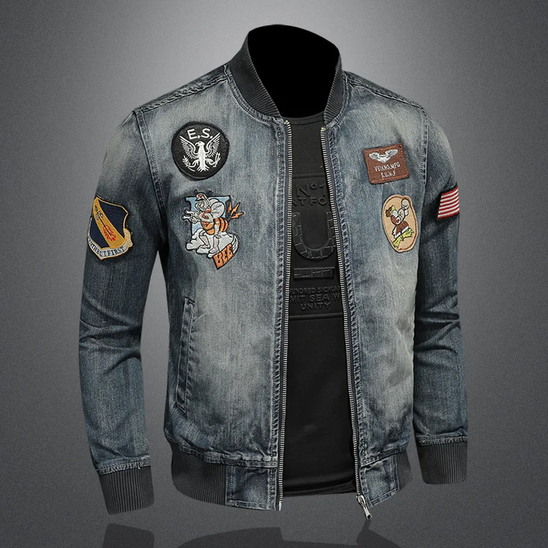 

Denim Jacket Men's Slim Fit Embroidered Badge Outerwear Baseball Collar Top Male