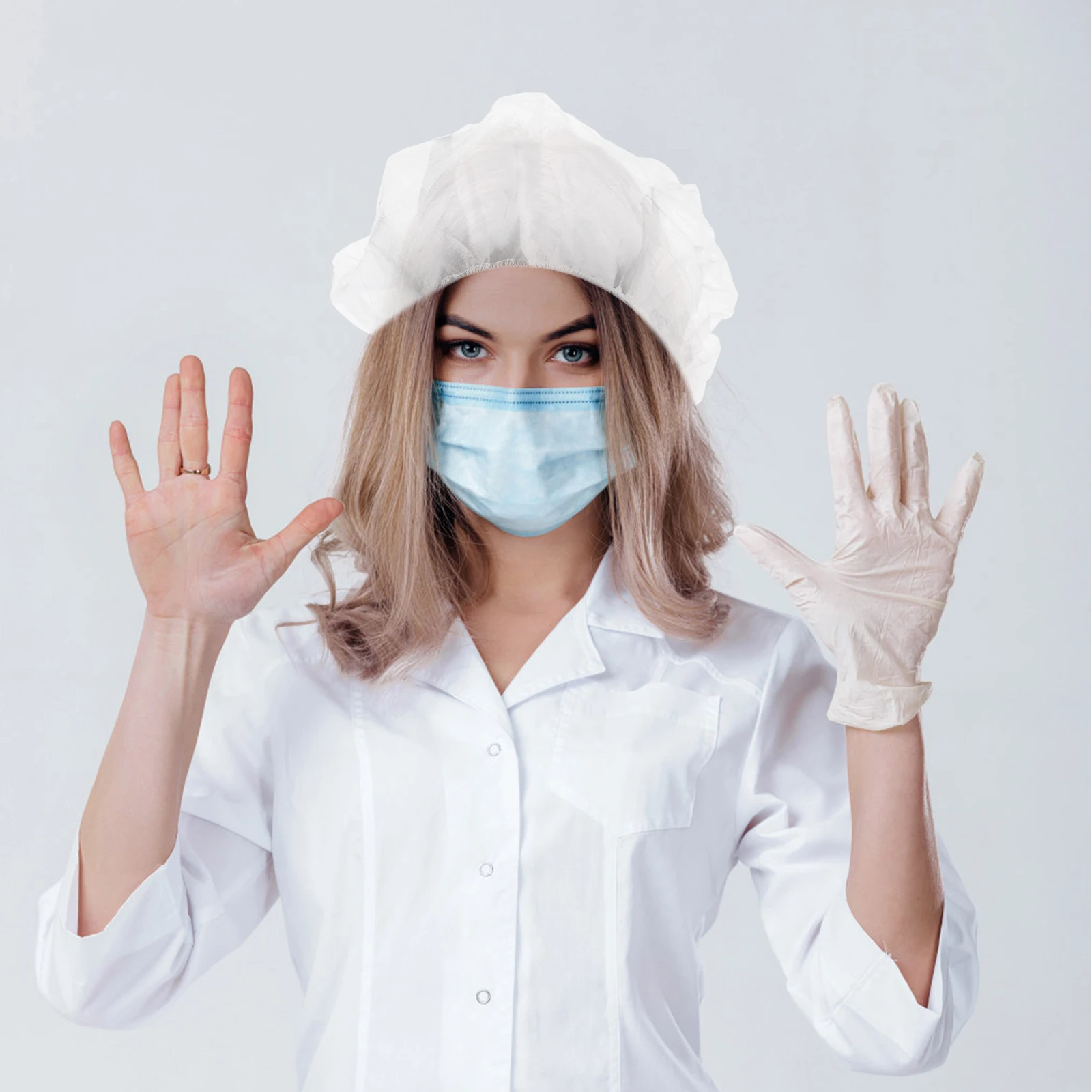 

Breathable Mushroom Cap Disposable Non-woven Fabric Hats for Food Service Workshop Kitchen White Elastic Fit Hair Net