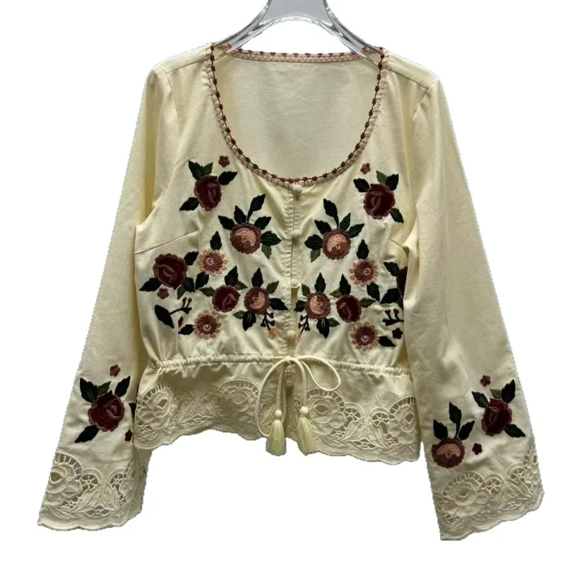 Vintage Bohemian Women Floral Embroidered Crop Blouse Bell Long Sleeve Eyelet Lace Trim Drawstring Waist Vacation Casual Shirt