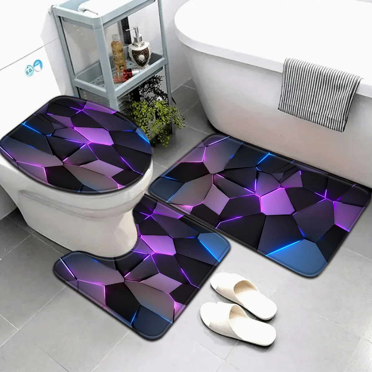 

3pcs high-tech colored diamond grid bathroom mat set with toilet seat cover and U-shaped foot mat - Soft flannel fabric, non-sli